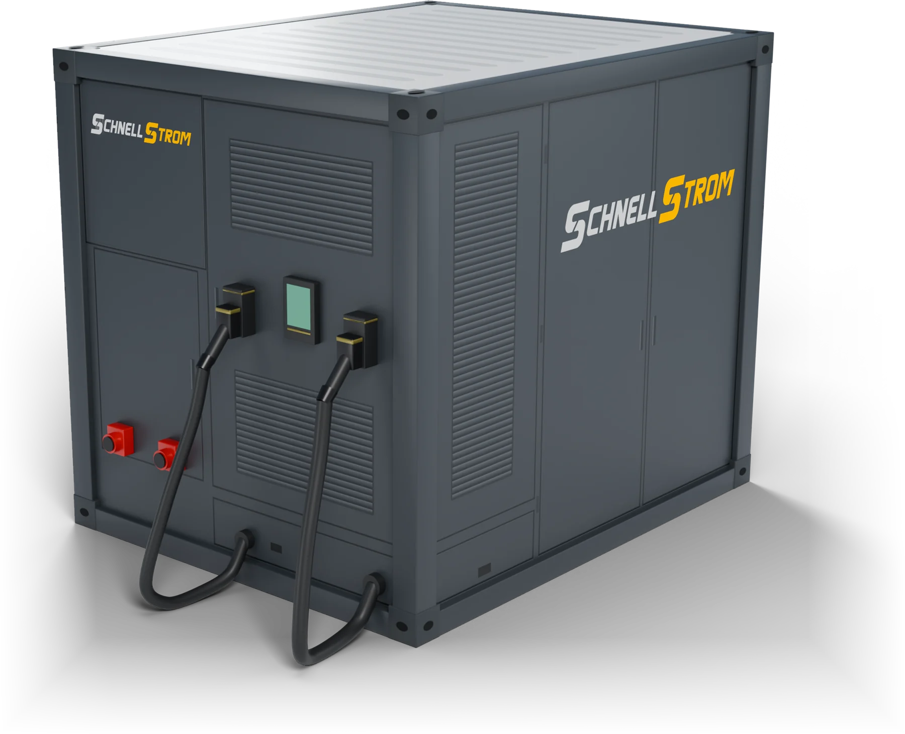 Schnellstrom-Container in Anthrazit mit zwei CCS2-Ladekabeln und Display